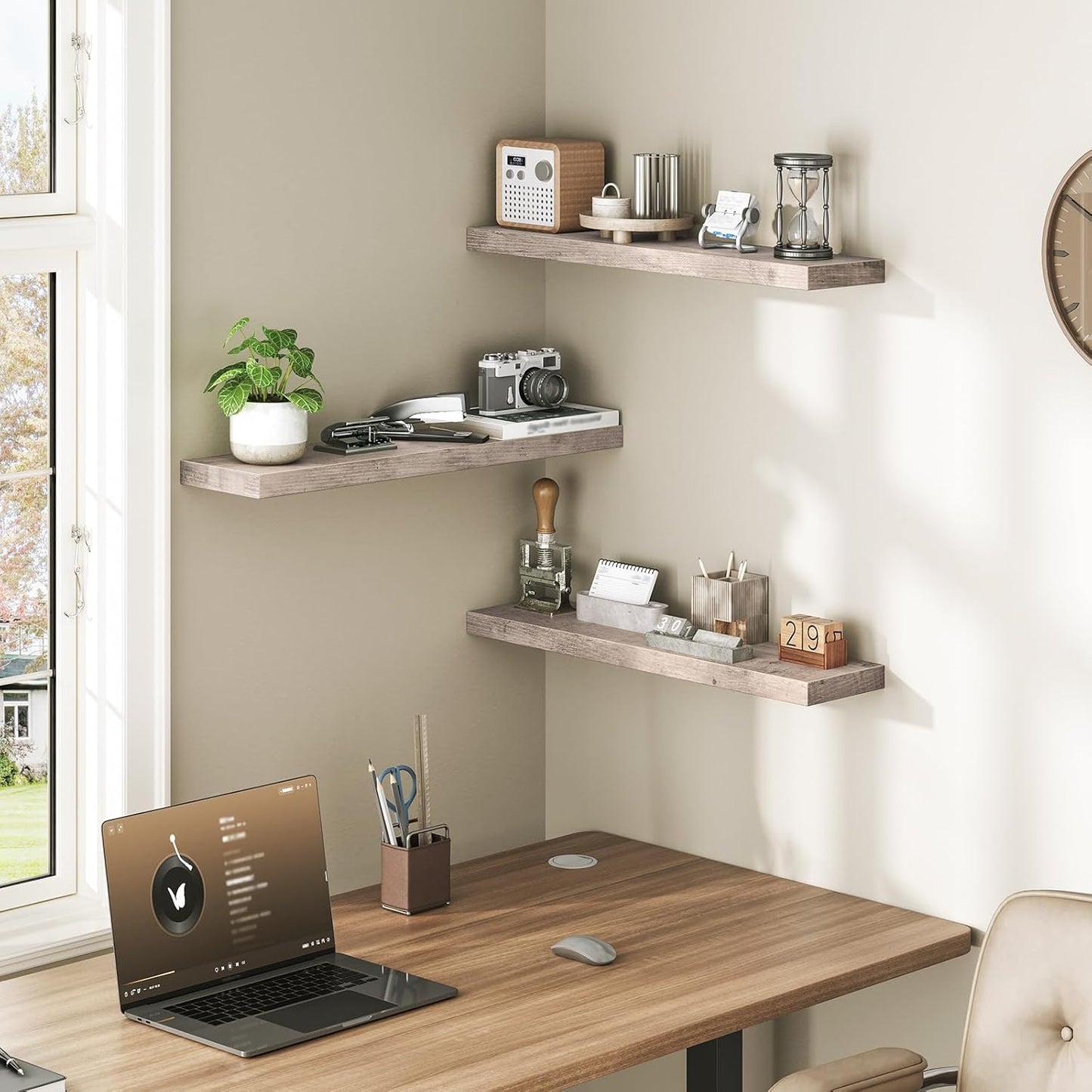 RALGEND Floating Shelves for Wall, 1.5" Thick Wall Shelf Set of 3 with Invisible Brackets, L31.5 x W7.9 Hanging Shelves Farmhouse Home Decor for Bathroom, Living Room, Bedroom, Rustic Brown 8301BJP3BF