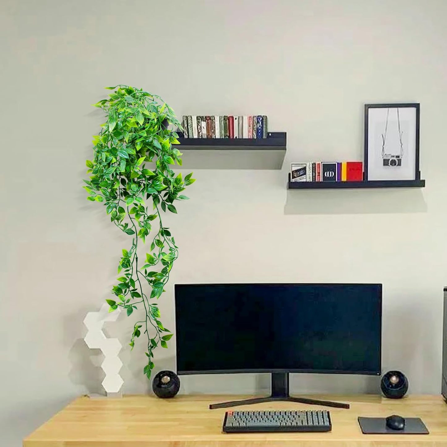 LOYWREE Fake Plants Indoor Artificial String of Pearls Plant in Black Pots, Realistic Green Faux Succulent Hanging Plants for Shelf Decor Desk Home Garden Decorations