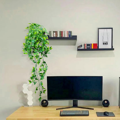 LOYWREE Fake Plants Indoor Artificial String of Pearls Plant in Black Pots, Realistic Green Faux Succulent Hanging Plants for Shelf Decor Desk Home Garden Decorations