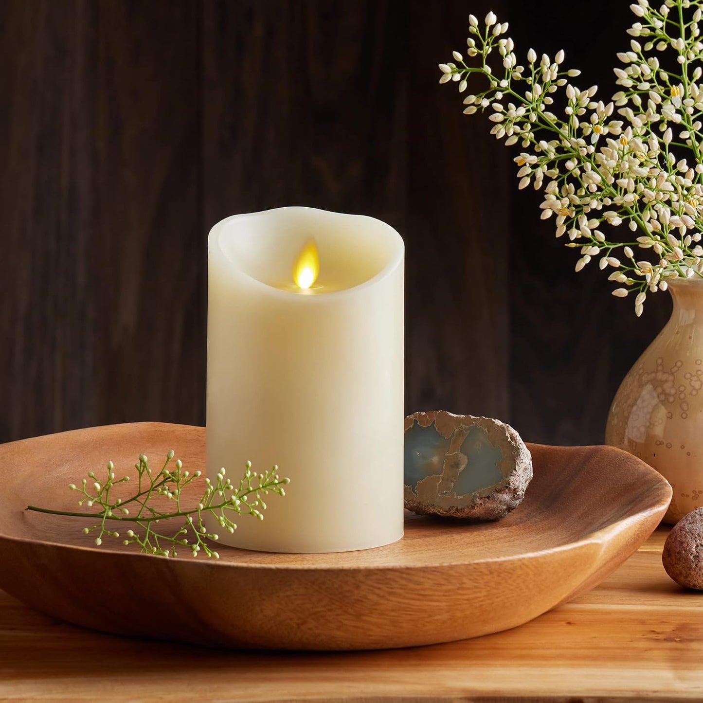 Luminara Scalloped Edge Flameless LED Candle - Ivory 3.5" x 8.75" - Real Wax Pillar Battery Operated Moving Flame w/Timer Unscented 1000Hr Runtime