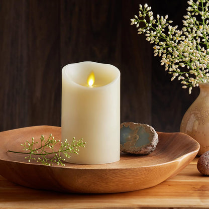 Luminara Scalloped Edge Flameless LED Candle - Ivory 3.5" x 8.75" - Real Wax Pillar Battery Operated Moving Flame w/Timer Unscented 1000Hr Runtime