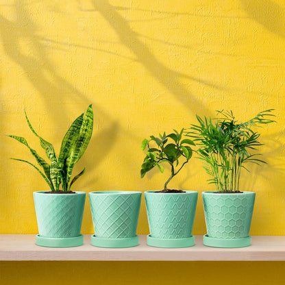 BUYMAX Plant Pots Indoor –5 inch Ceramic Flower Pot with Drainage Hole and Ceramic Tray - Gardening Home Desktop Office Windowsill Decoration Gift, Set of 4-Plants NOT Included (Patina)