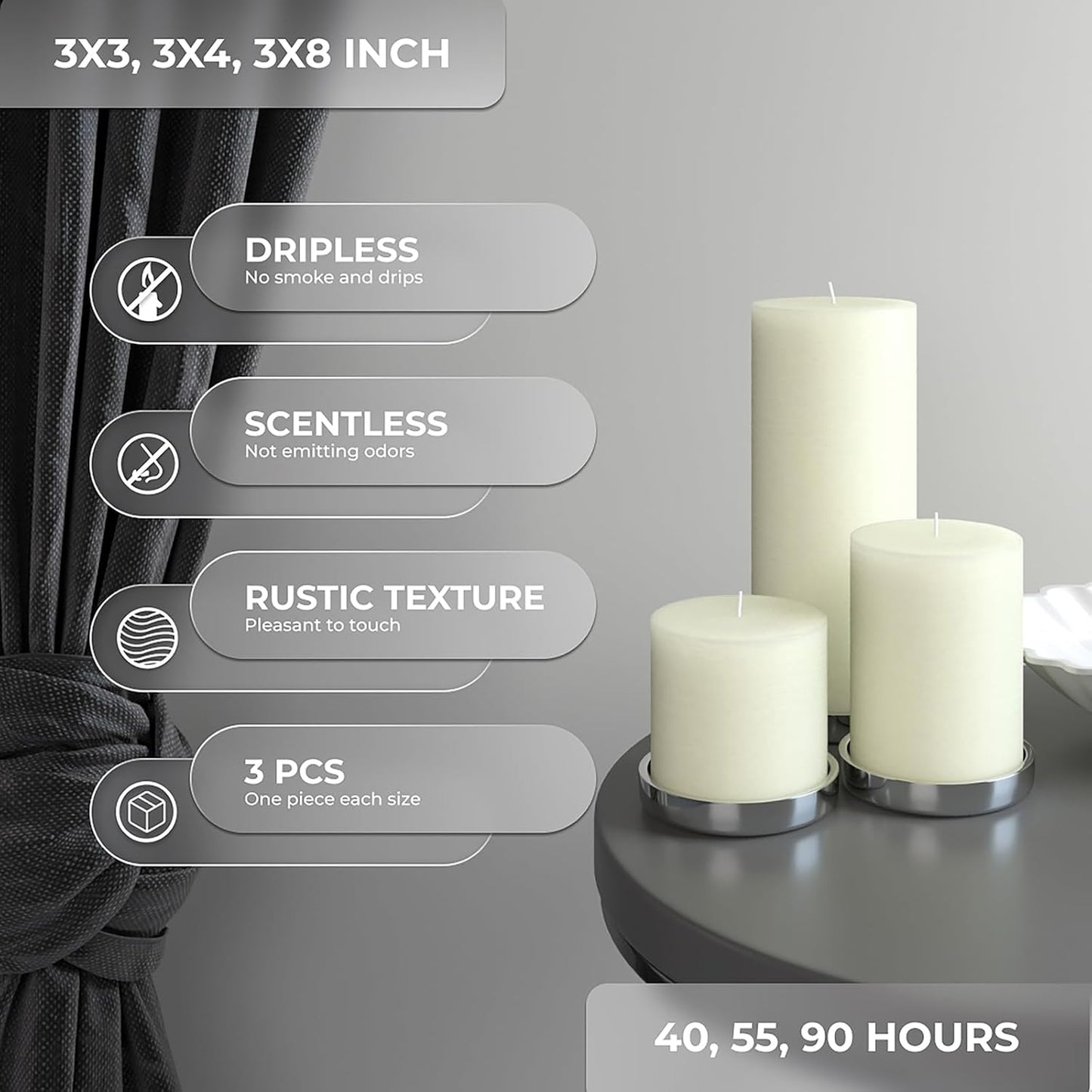 CANDWAX 3x4 inch Pillar Candles Set of 3 – Unscented Dripless Rustic Dark Blue Candles for Room Decor, Weddings, Centerpieces