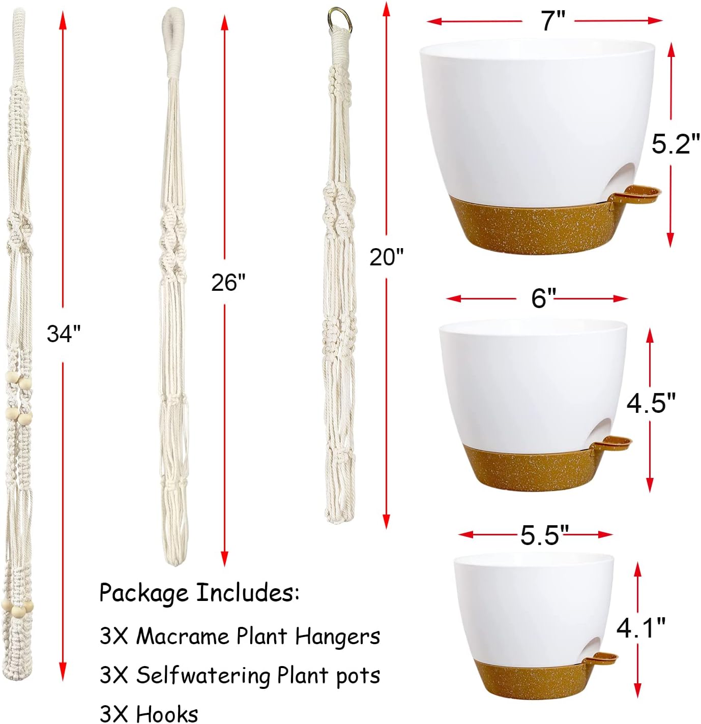 Bouqlife Hanging Planters with Macrame Plant Hangers for Indoor Outdoor Plants 3 Set Self Watering Pots Hanging Baskets Flower Pot Holders 3 Different Size