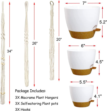 Bouqlife Hanging Planters with Macrame Plant Hangers for Indoor Outdoor Plants 3 Set Self Watering Pots Hanging Baskets Flower Pot Holders 3 Different Size