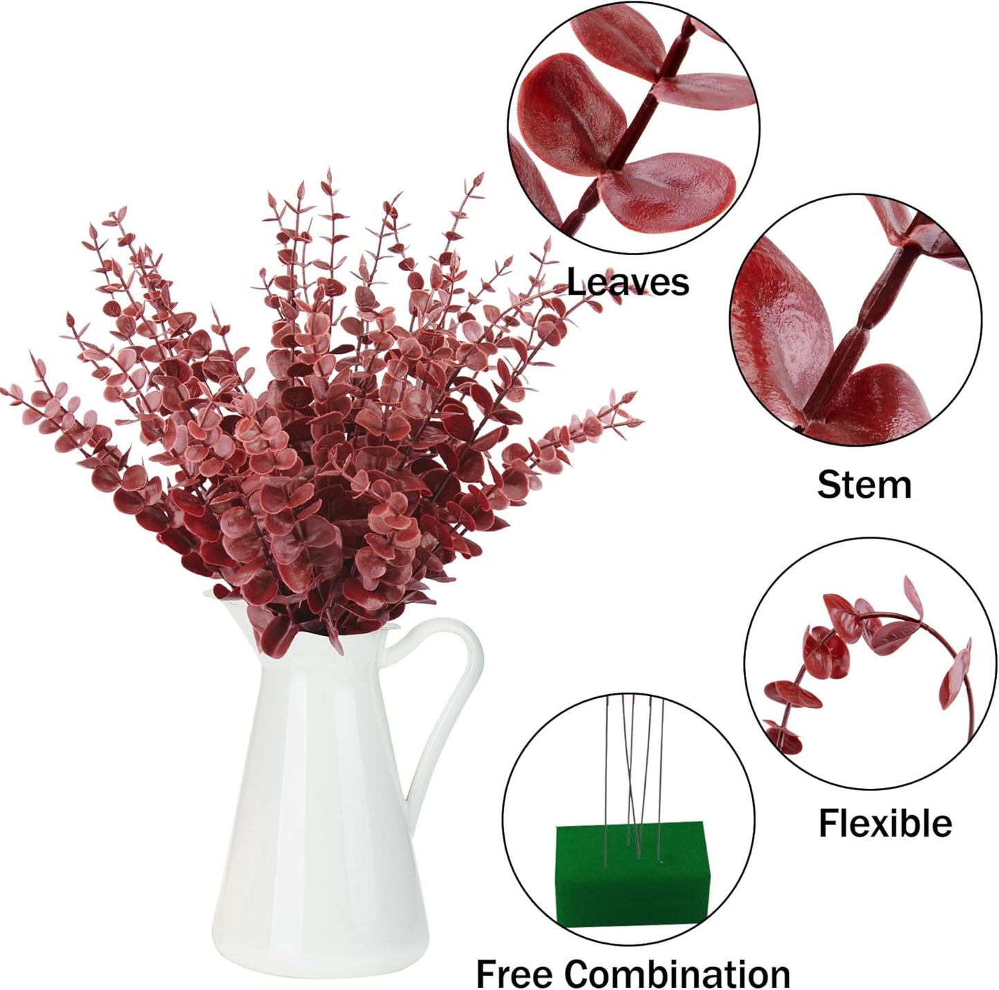 FEQO 36 Pcs Artificial Eucalyptus Stems Dark Brown Leaves Faux Eucalyptus Stems Branches 15 inch for Wedding Bouquet Home Deco