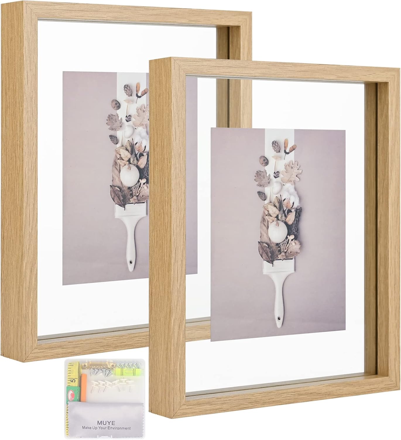 MUYE 11x14 Floating Frame Set of 2,Double Glass Rustic Frame,Display Any Size Photo up to 11x14,Wall Mount or Tabletop Standing,Natural