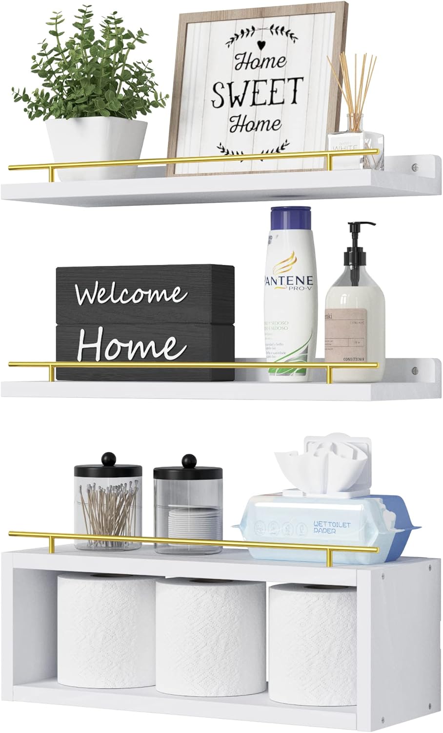 WOPITUES Floating Shelves for Wall with Cube Shelf, Wall Shelves with Metal Rail for Bathroom Decor, Bathroom Organizers and Storage, Over Toilet Shelves for Toilet Paper-Black