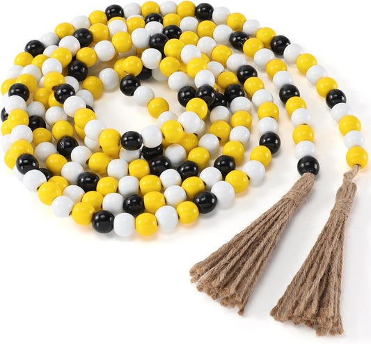 Wooden Bead Garland with Tassels, Fireplace Wood Bead Garlands Rustic Farmhouse Vintage Boho Beads Garland for Party Home Decor Tiered Tray Decorative Beads(Candy Colors,9.8 ft)