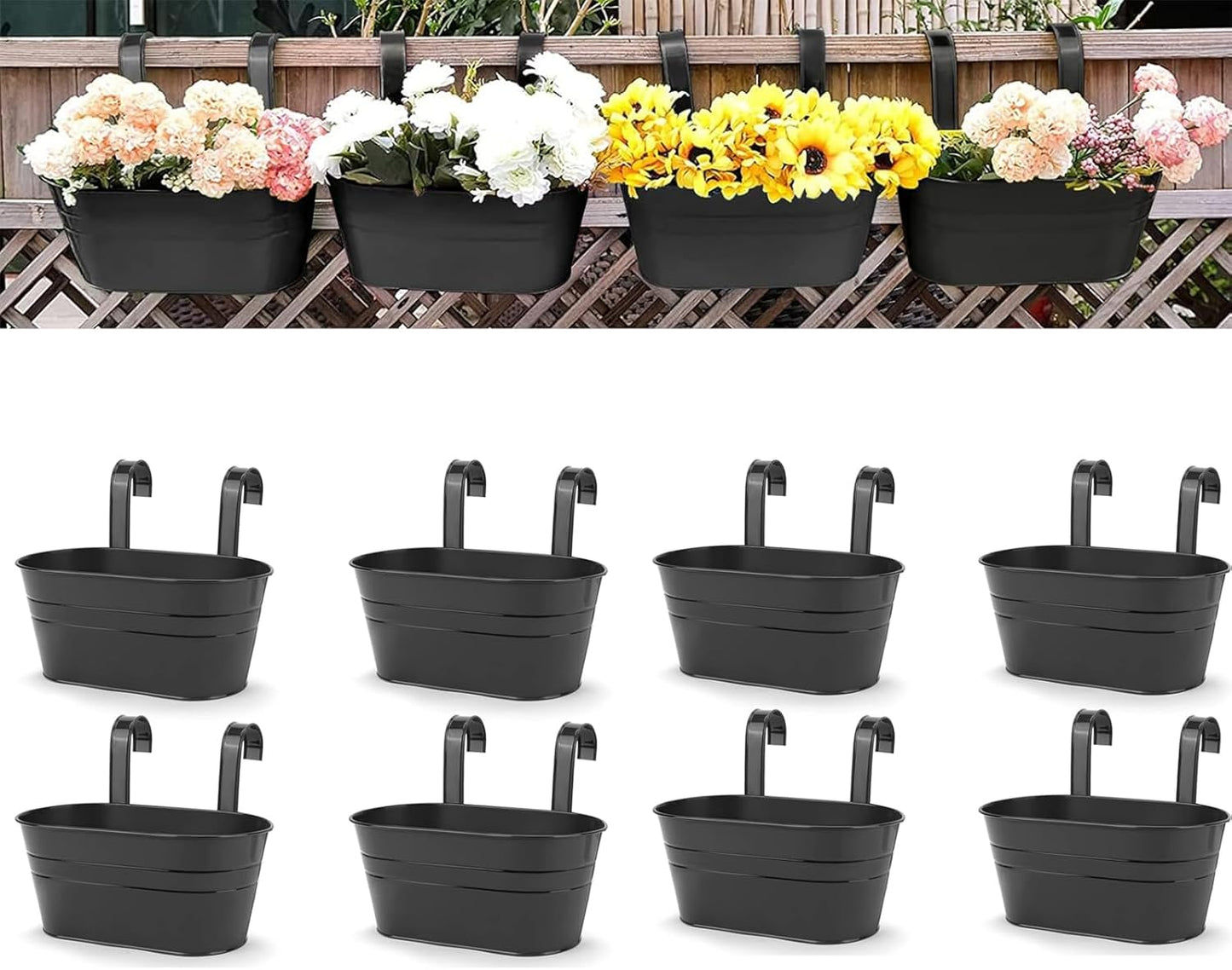 OGIMA 4pcs Hanging Flower Pots, Metal Iron Wall Planter Indoor/Outdoor for Railing Fence Balcony Garden Home Decoration with Detachable Hooks