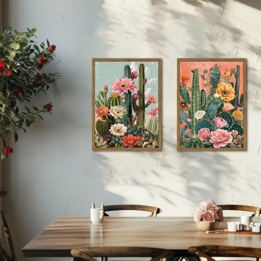 Framed Vintage Western Nature Landscape Wall Art Set of 3, Striped Postcards Southwest Desert Cactus Pictures Wall Decor Paintings, Boho Plant Canvas Prints for Living Room Bedroom Office 12x16 inch