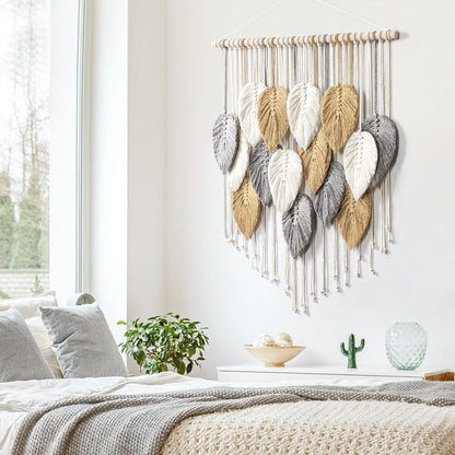 LOMOHOO Macrame Wall Hanging Boho Beige Leaves Tapestry Bohemian Handmade Woven Wall Art Decoration for Bedroom Living Room Apartment Dorm Gallery Perfect Handmade Gift Ideas