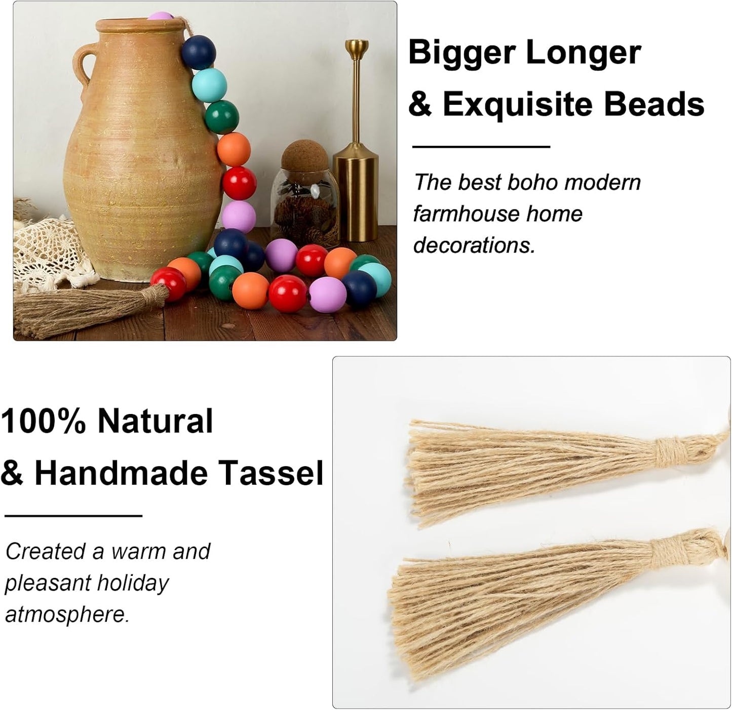OMISHE Extra Large Wood Bead Garland with 1.6" Diameter Wooden Beads and Tassels, 41" Long Rustic Farmhouse Country Decorative Beads for Home Tiered Tray Decor, Natural Beige