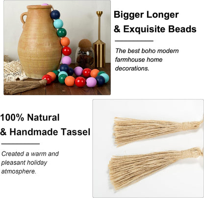 OMISHE Extra Large Wood Bead Garland with 1.6" Diameter Wooden Beads and Tassels, 41" Long Rustic Farmhouse Country Decorative Beads for Home Tiered Tray Decor, Natural Beige