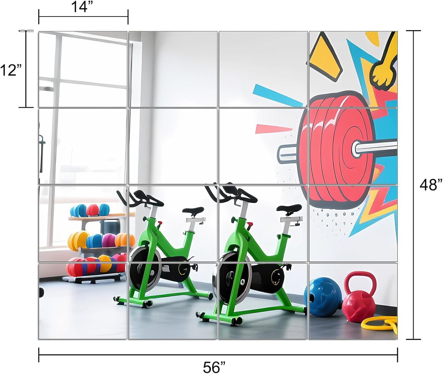 Ruomeng Home Gym Mirrors 12 Inch x 12Pcs Wall Mounted Mirror Glass Frameless Full Length Mirror Tiles for Home Gym, Bedroom, Door & Bathroom