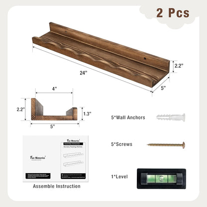 Fun Memories Picture Ledge Shelf for Wall, 24 inch Pine Wood Nursery Book Shelves Set of 2- Wall Book Shelves for Kids Room, Home Decor - Kitchen Spice-White