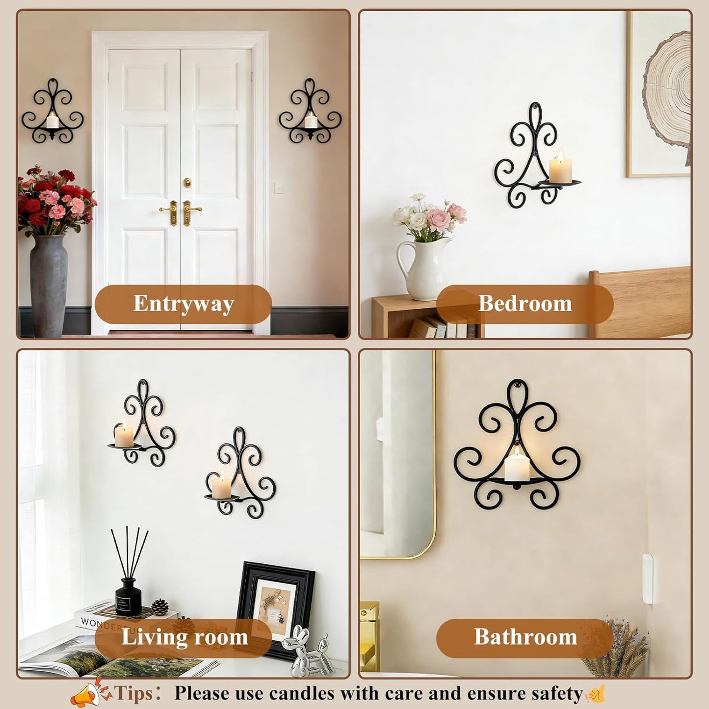 Wall Candle Sconces Set of 2, Double Scroll Pattern Candle Sconces, Metal Wall Candle Holder for Home Decor, Living Room, Dining Room, Bedroom, Black, Gifts for Men Women Mom or Dad