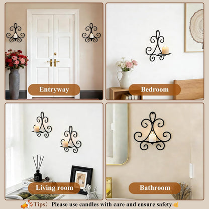 Wall Candle Sconces Set of 2, Double Scroll Pattern Candle Sconces, Metal Wall Candle Holder for Home Decor, Living Room, Dining Room, Bedroom, Black, Gifts for Men Women Mom or Dad