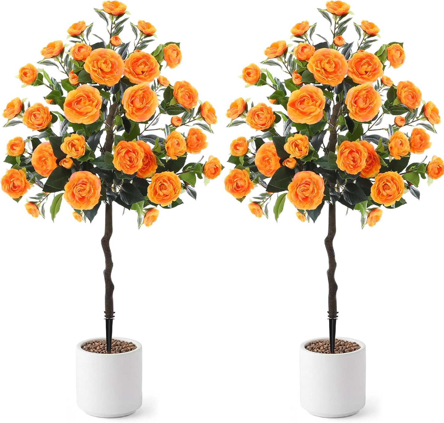 Lunmon 2 Pack 3ft Artificial Camellia Plants Tree 36" Faux Camellia Flower with Spike UV Resistant Realistic Fake Floral Blooming Bush for Indoor Outdoor Front Door Porch Backyard Garden, Purple