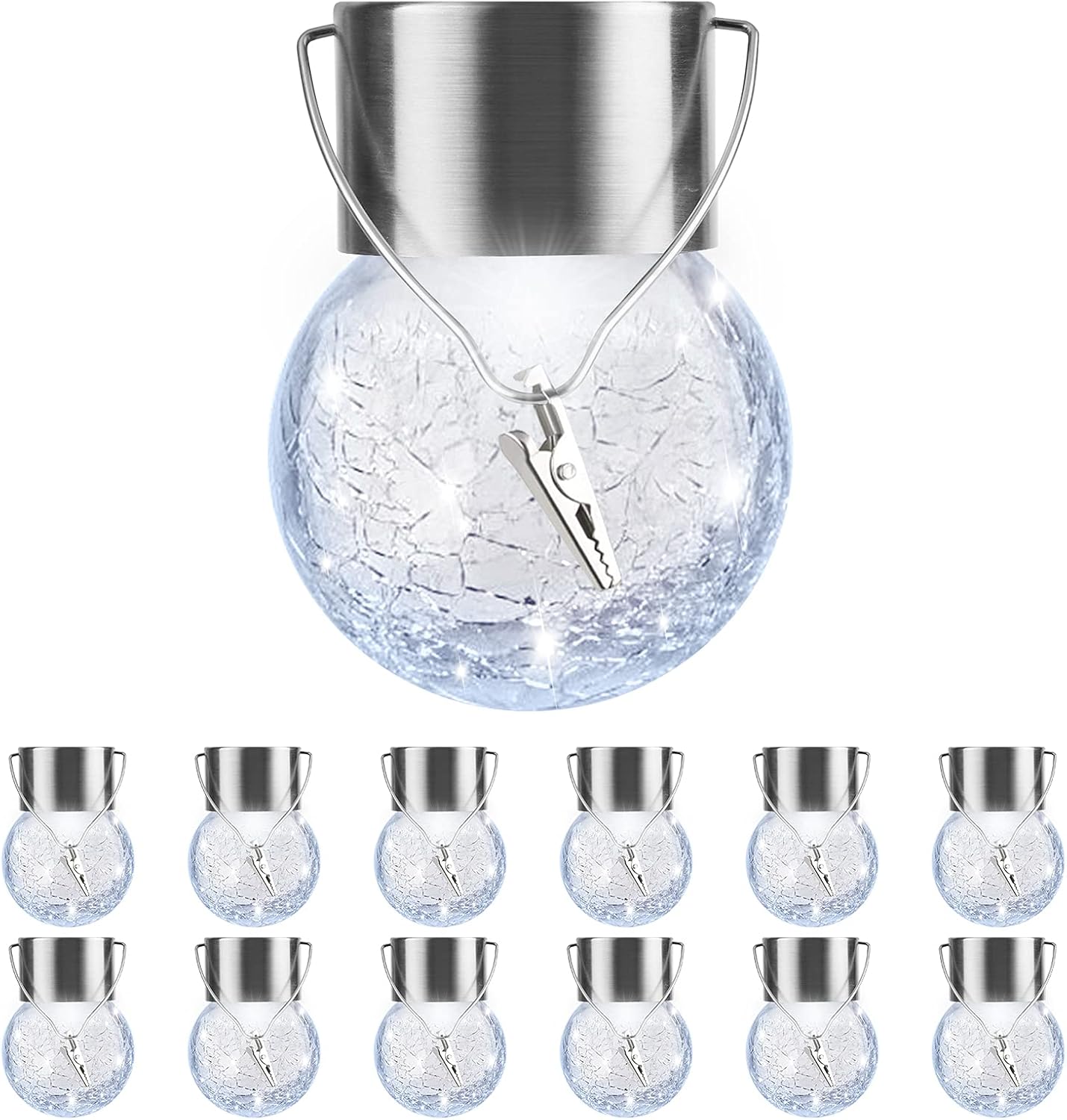 Solar Outdoor Lights Decorative 12 Pack, Hanging Solar Garden Lights Waterproof, Solar Powered Globe Cracked Glass Ball Lantern for Yard Patio Fence Tree Umbrella Holiday Decoration, Warm White