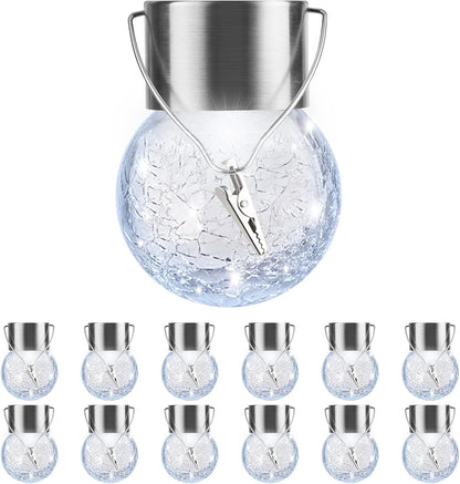 Solar Outdoor Lights Decorative 12 Pack, Hanging Solar Garden Lights Waterproof, Solar Powered Globe Cracked Glass Ball Lantern for Yard Patio Fence Tree Umbrella Holiday Decoration, Warm White