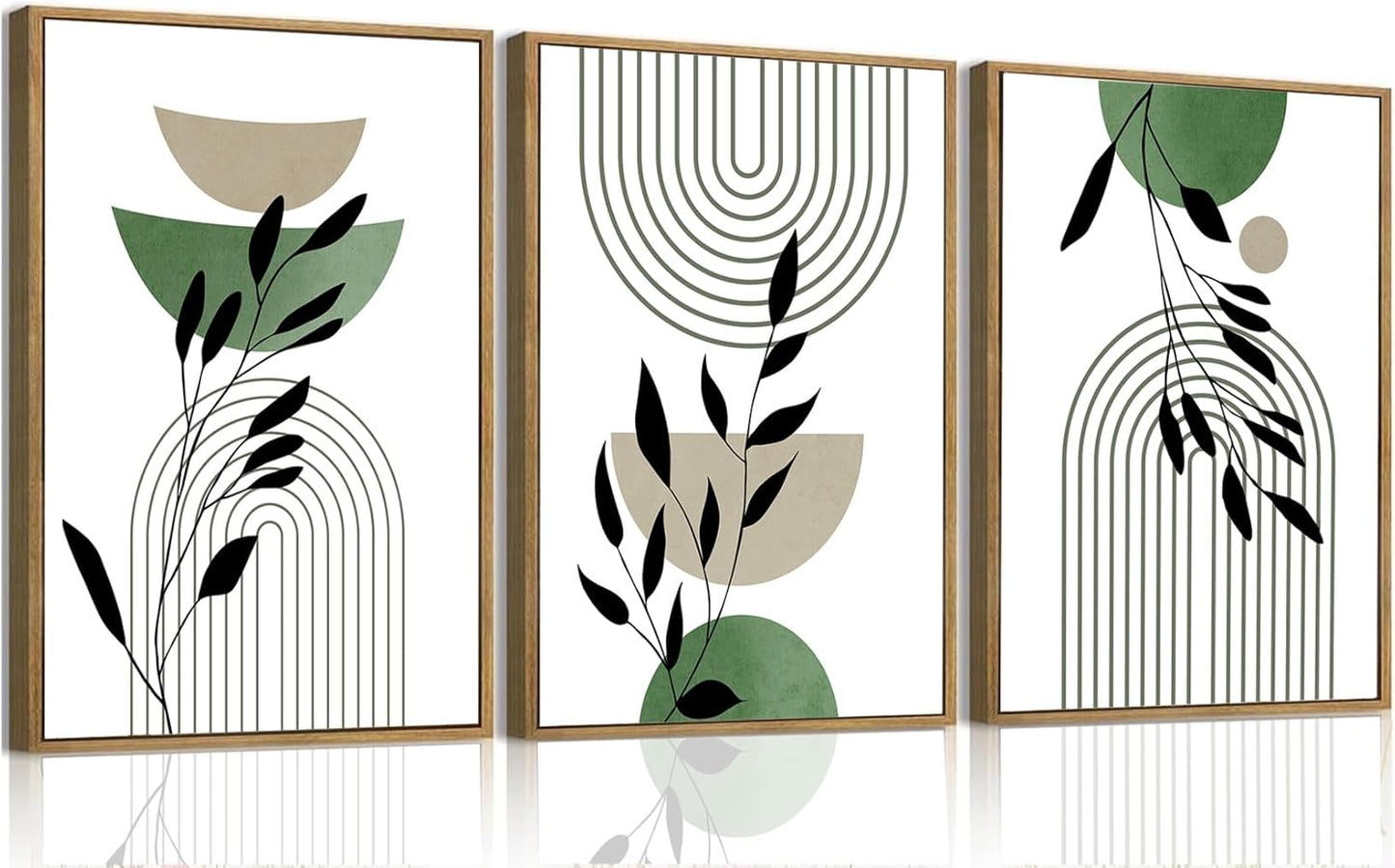 Bwodke Boho Wall Art, Framed Abstract Wall Art, Green Botanical Neutral Canvas Wall Decor, Large Mid Century Plant Pictures Set of 3, Modern Minimalist Paintings, for Bedroom Living Room Bathroom