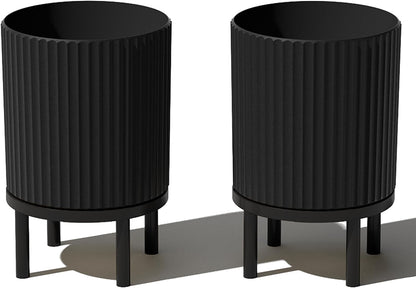Veradek Demi Series Round Planter w/ Stand for Porch/Patio | Durable Plastic-Concrete & Wooden Stand | Modern Décor for Tall Plants, Flowers