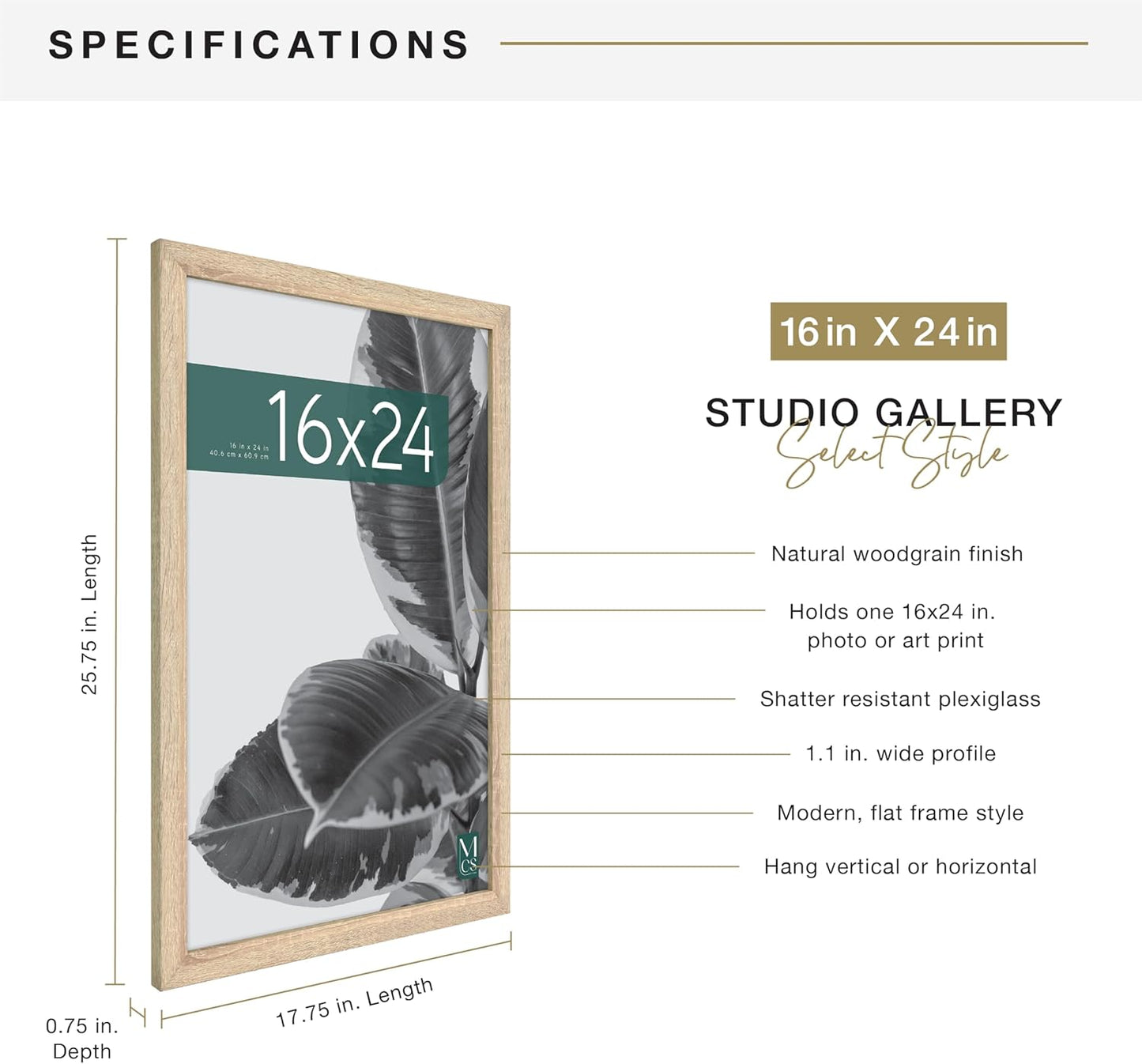 MCS Studio Gallery 16x24 Poster Frame Black Woodgrain Engineered Wood, Vertical & Horizontal Wall Hanging Large Picture Frame for Photos, Posters & Art Prints (1-Pack)