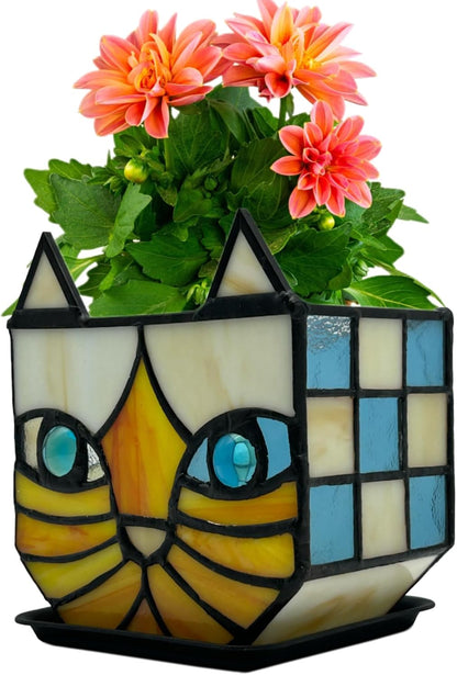 Tiffany Stained Glass Fun Moon Sleeping Cat Planter，Cactus Planter，Cute Planters for Indoor Plants,Decorative Flower Pots As Gifts for Cat Lovers，4.6x3x5.15 in