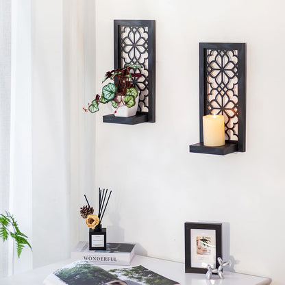 Farmhouse Wall Candle Holder Decor: Rustic Candle Sconces Set of Two for Pillar Candles - Brown Wooden Shelving for Fireplace Bathroom Hallway