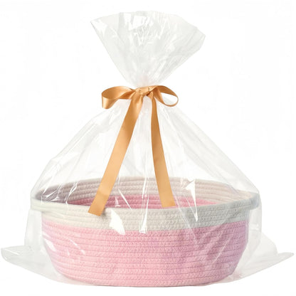 Small Woven Gift Basket Empty with Bag & Ribbon - Gifts for Mom, Baby Shower, Birthdays & Raffle - Cotton Rope Storage Basket for Dog Toys or Shelf - 12"x8"x5", White