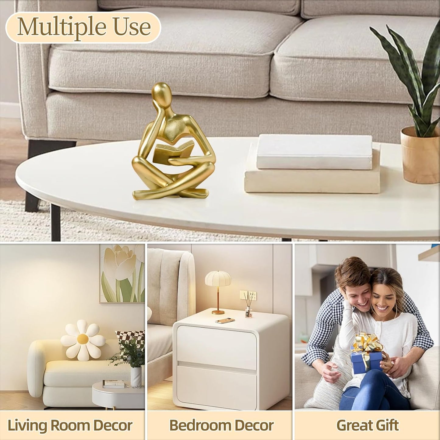 UTTCMK Bookshelf Decor Thinker Statue - Abstract Art Reading Thinker Sculpture Figurine Aesthetic, Modern Home Decoration for Living Room Office Shelves Coffee Table Desk Decor(Beige)