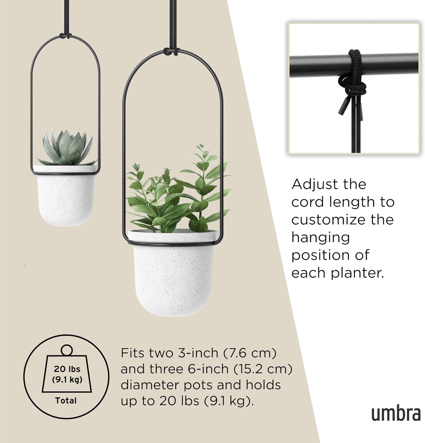 Umbra Triflora Hanging Planter for Window, Indoor Herb Garden, Set of 3, White/Black