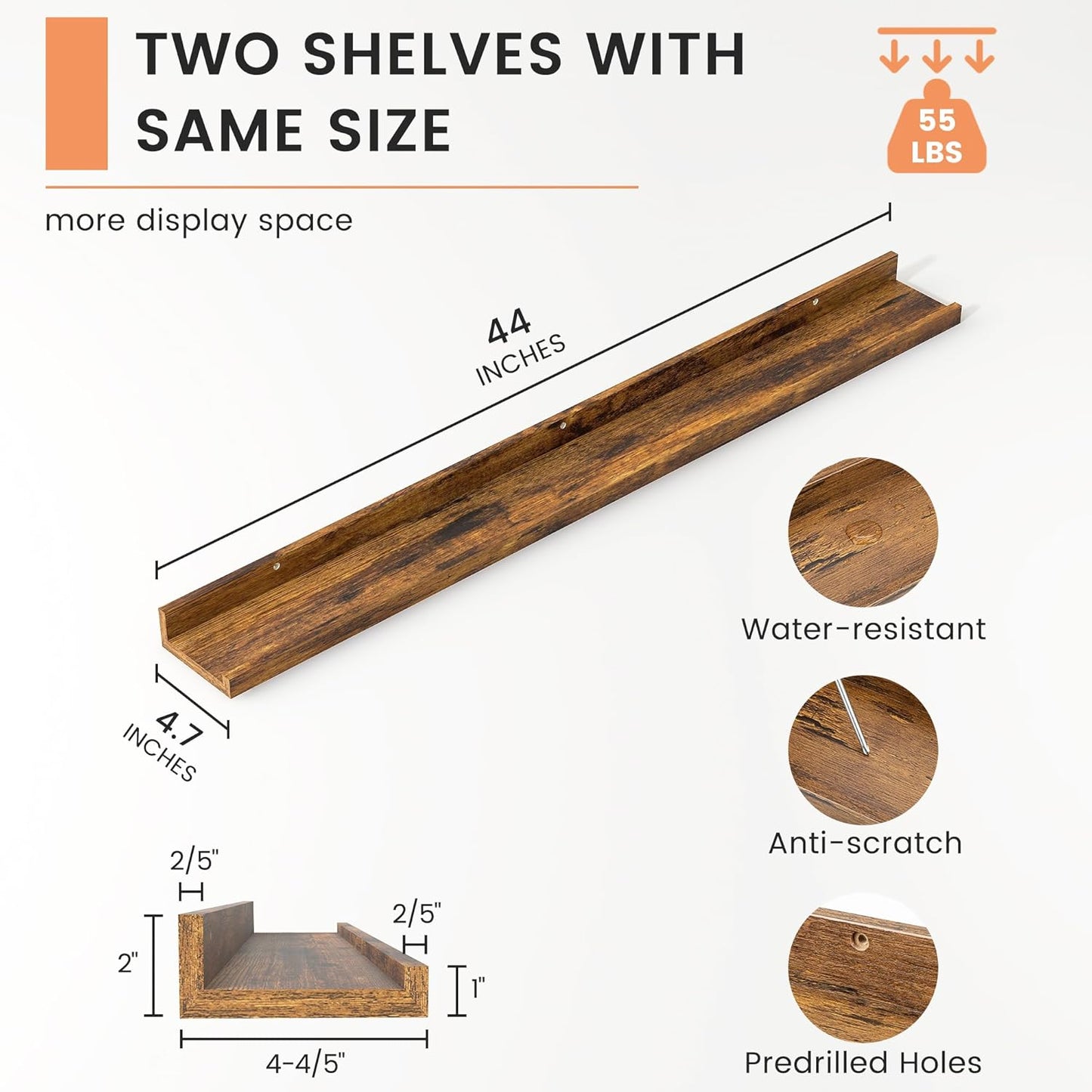 FLYJOE Picture Ledge Shelf, Floating Shelves Set of 2, 48 Inches Long Large Nursery Book Shelves for Toys Storage, Kids Bookshelf Wall Mounted for Living Room Bedroom Decor Books Photo Frames, Walnut