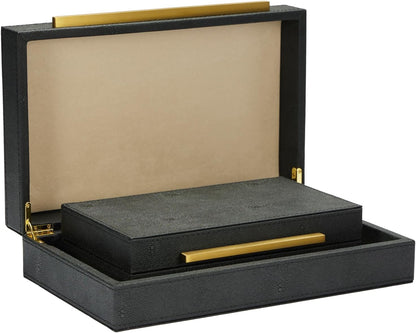 Sagala Set of 2 Ivory Shagreen Decorative Boxes With Brushed Gold Metal Handles, Faux Leather Jewelry Boxes Modern Storages Photo Memory Boxes Home Organizer Boxes (Ivory-Gold, 2pack)
