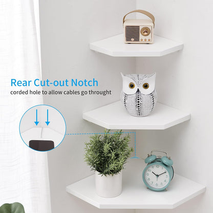 Corner Wall Shelves, Corner Floating Shelves Set of 2 Solid Oak Wood Display Shelf with Wire Hole Small Plant for Kitchen Living Room Natural