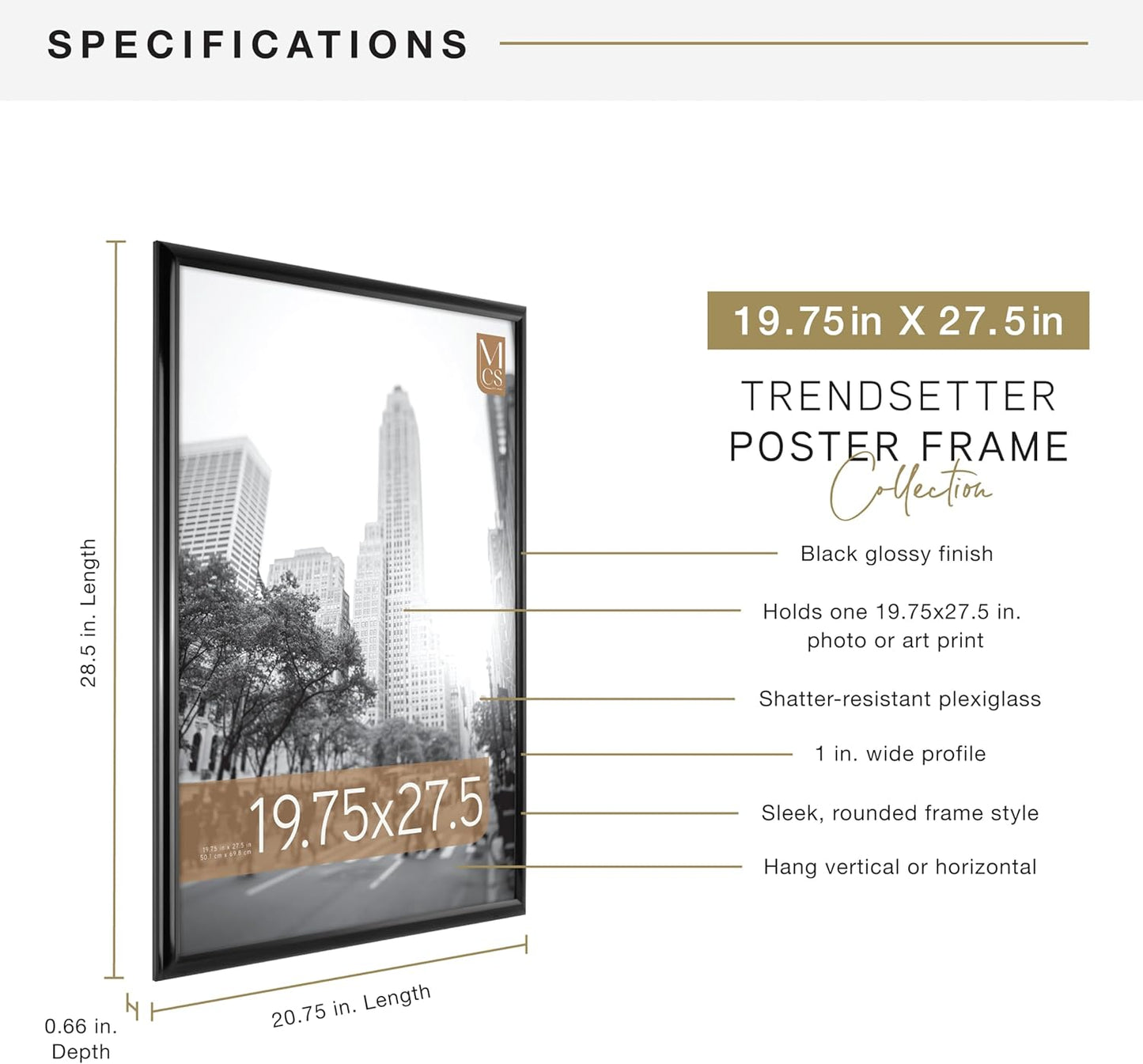 MCS Trendsetter 24x36 Poster Frame Black High-Gloss, Vertical & Horizontal Wall Hanging Large Picture Frame for Photos, Posters & Art Prints (1-Pack)