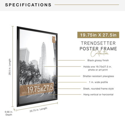 MCS Trendsetter 24x36 Poster Frame Black High-Gloss, Vertical & Horizontal Wall Hanging Large Picture Frame for Photos, Posters & Art Prints (1-Pack)