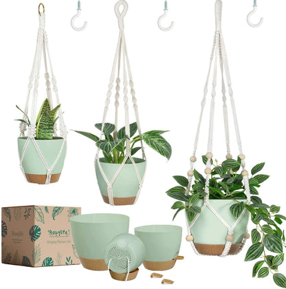 Bouqlife Hanging Planters with Macrame Plant Hangers for Indoor Outdoor Plants 3 Set Self Watering Pots Hanging Baskets Flower Pot Holders 3 Different Size