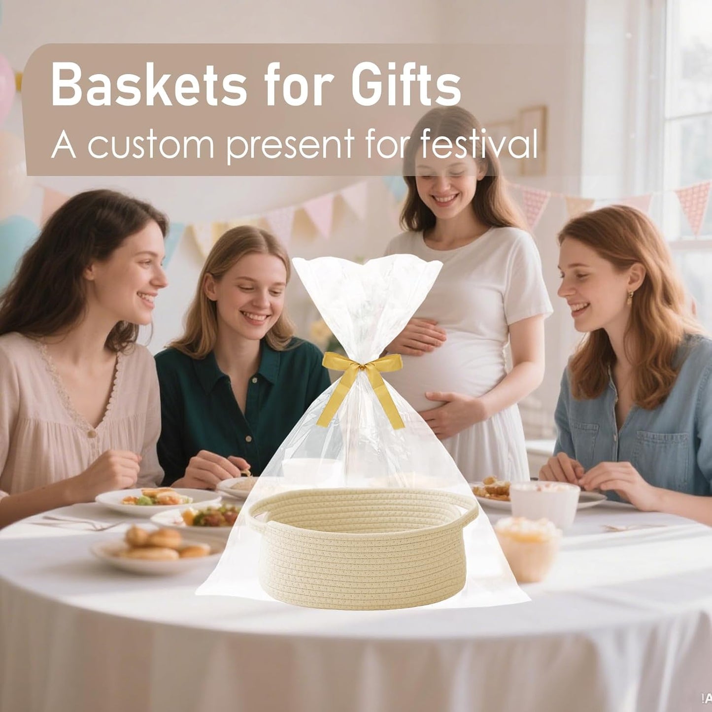 JMvicyroam Woven Basket,Small Rope Storage Bin with Handles & Ribbon Bag, Organizer for Shelves Closets,Gift Basket Empty for Birthday,Books,Dog Toys,White