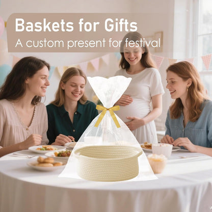 JMvicyroam Woven Basket,Small Rope Storage Bin with Handles & Ribbon Bag, Organizer for Shelves Closets,Gift Basket Empty for Birthday,Books,Dog Toys,White