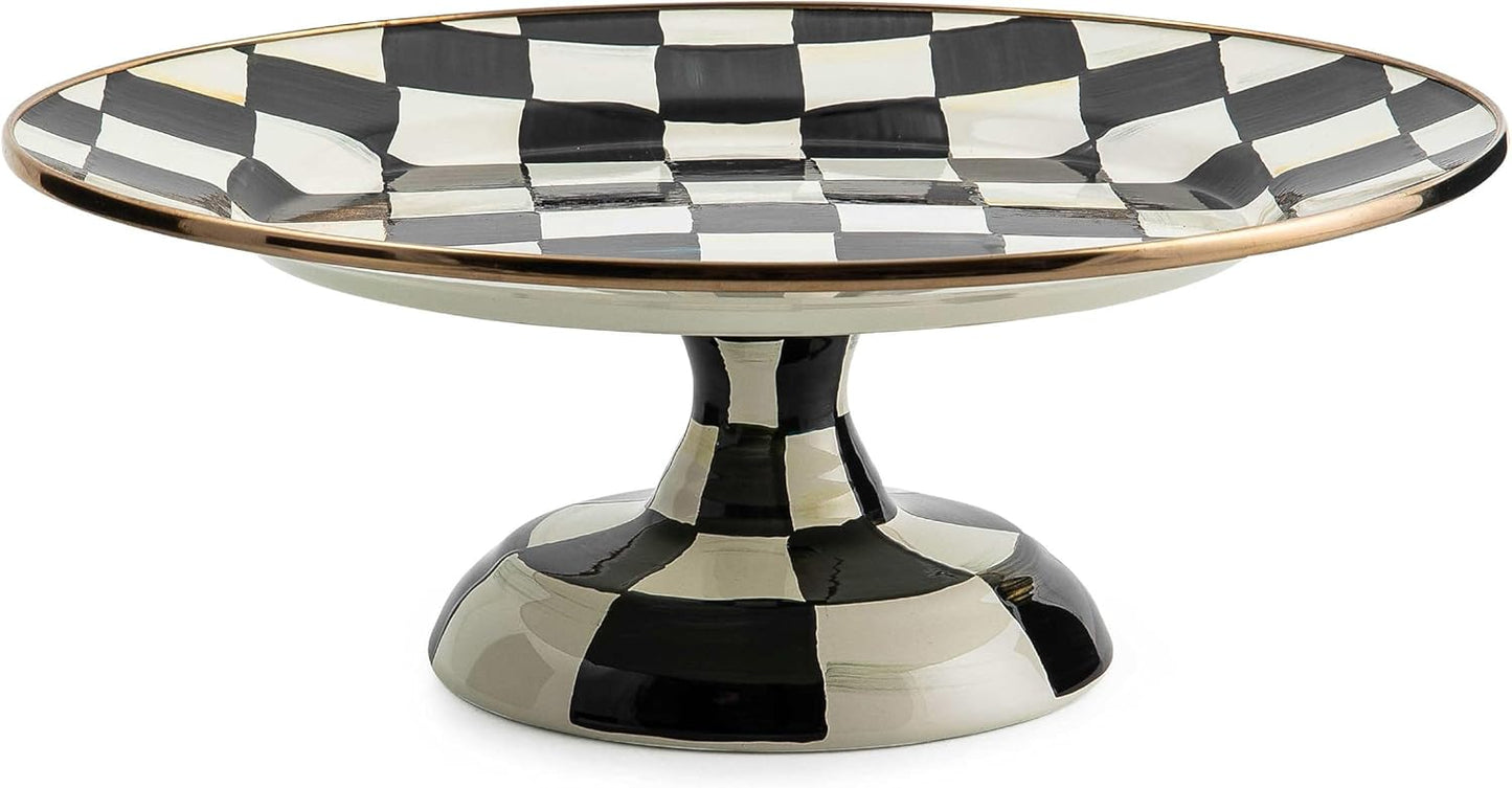 MACKENZIE-CHILDS Enamel Pedestal Serving Platter, Decorative Serving Dish for Food, Small, Black-and-White Courtly Check