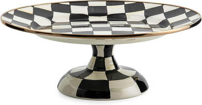 MACKENZIE-CHILDS Enamel Pedestal Serving Platter, Decorative Serving Dish for Food, Small, Black-and-White Courtly Check