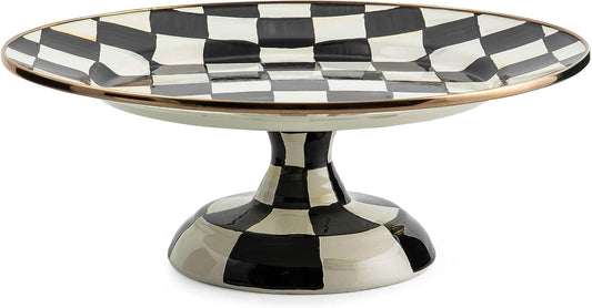 MACKENZIE-CHILDS Enamel Pedestal Serving Platter, Decorative Serving Dish for Food, Small, Black-and-White Courtly Check
