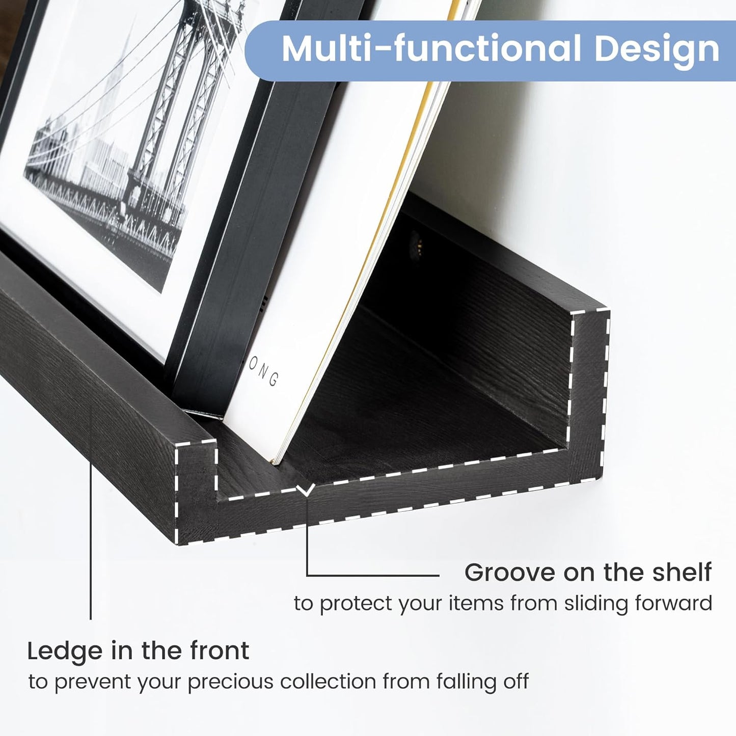 FLYJOE Picture Ledge Shelf, Floating Shelves Set of 2, Solid Pine Wood 55'' Long Large Nursery Book Shelves for Toys Storage, Kids Bookshelf for Living Room Bedroom Decor Books Photo Frames, Walnut