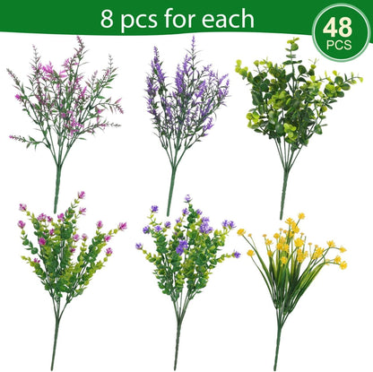 Hananona 12 Pcs Artificial Flowers Outdoor, Faux Artificial Plants UV Resistant Plastic Flower Bulk for Hanging Planter Porch Window Home Wedding Fall Summer Decor (12, Fuchsia, Purple, Yellow, Green)