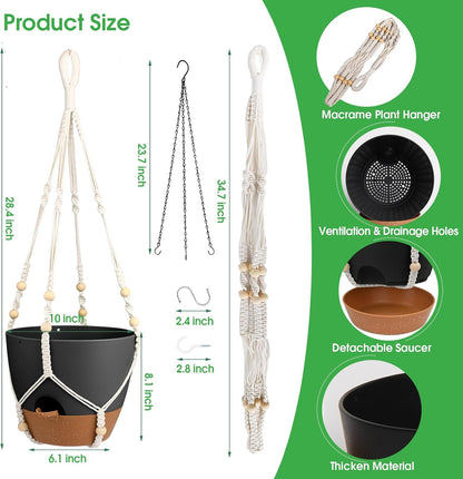 Vanslogreen Hanging Planters for Indoor Outdoor Plants, 2 Pack Self Watering Hanging Pot with Drainage Holes & Removable Tray (Black, 8'')