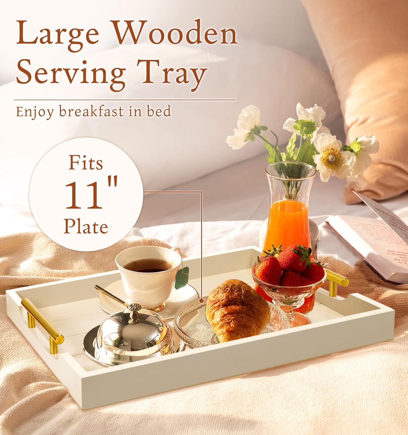 SXNOWS Coffee Table Trays - Large Ottoman Tray for Living Room -Wood Serving Tray with 2 Sets of Handles - Wooden Tray for Coffee Table, 4 Round Coasters Included, Black