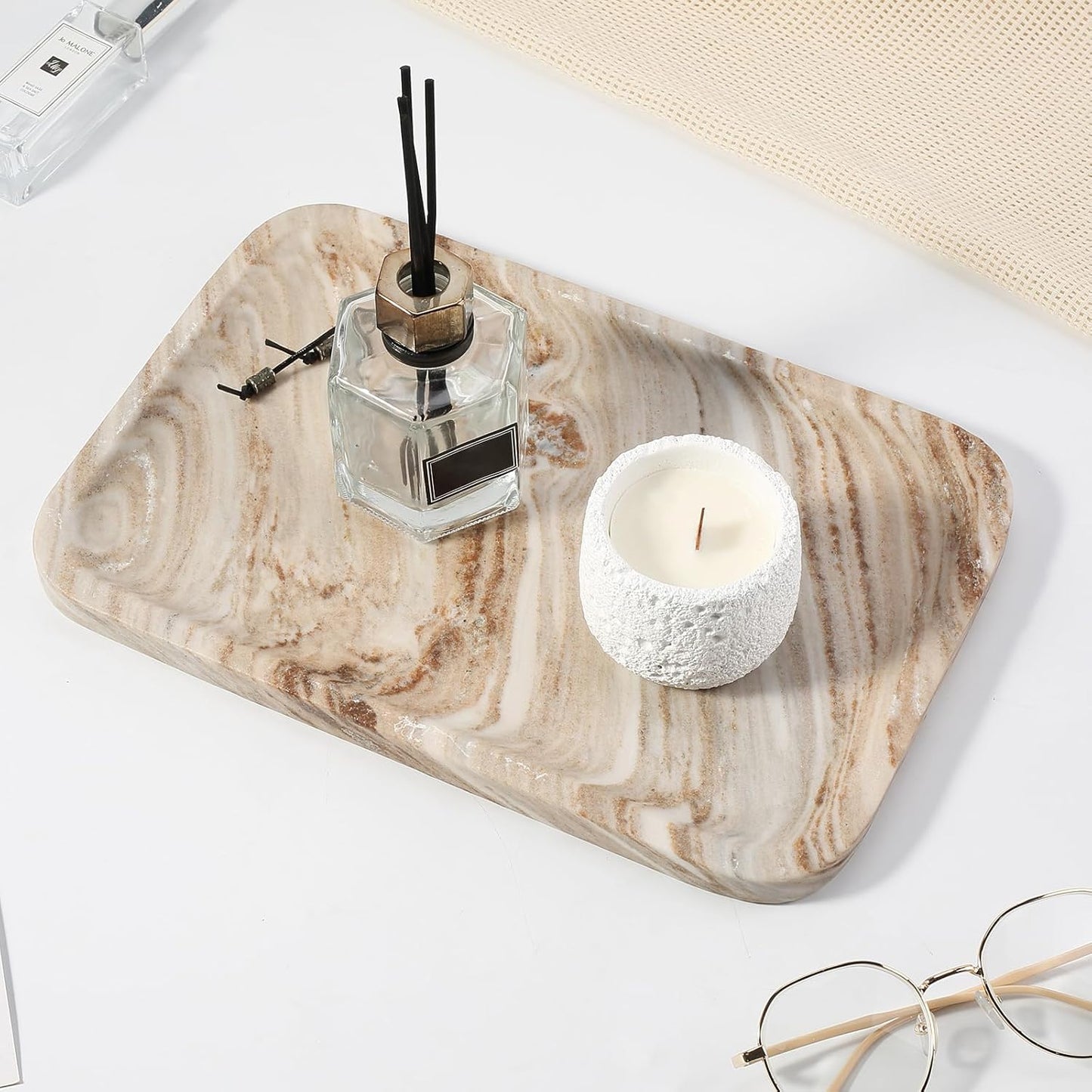 Koville Romano Travertine Tray, 12"x8" Natural Stone Vanity Tray for Countertop Bathroom Kitchen Dresser, Decorative Marble Catchall Trays for Perfume Jewelry, Rectangular Serving Tray(Beige)