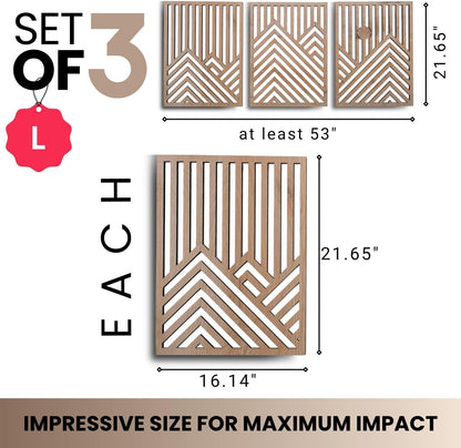 qmmp Modern Wooden Wall Sculptures - Set of 3 - Home Decor Accent - Large Wall Art for Living Room, Bedroom, Office - Easy Installation (Oak, Medium - Mountain and Sun)
